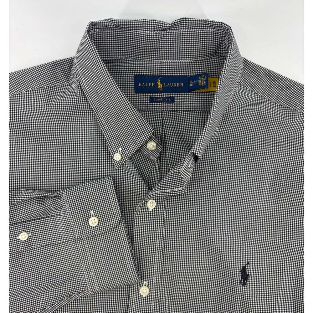 Ralph Lauren Button Down Shirt Men XL Black White Gingham Classic Fit